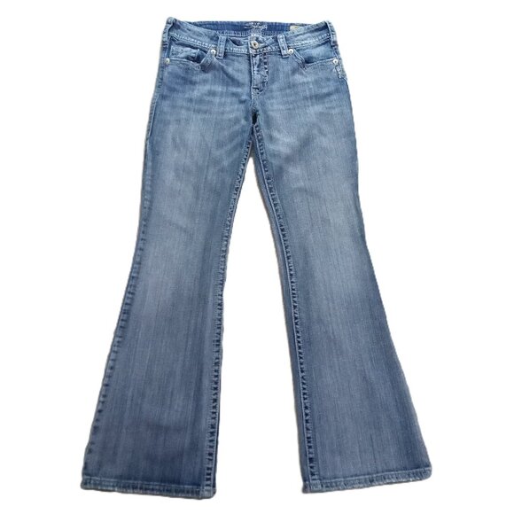 Silver Jeans Women's 32x31.5, Tag 30x32 Suki Bootcut Blue Stretch Distressed - Picture 1 of 15